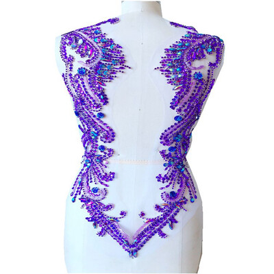 

hand made purple sew on Rhinestones applique on mesh crystal patches trim 6239cm for dress back