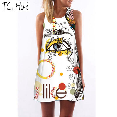 

2018 Round Neck Sexy Summer Dress Women Vestidos Sleeveless Vintage Print Casual A-Line Beach Dresses