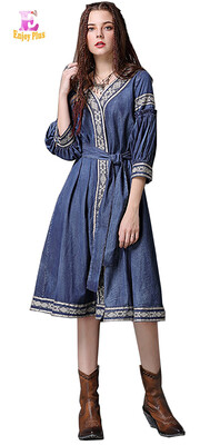 

L elegant cotton new spring 2018 long jeans dress women three quarter sleeve denim a line mid calf v neck embroidery belt