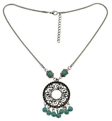 

Idealway Bohemian Style Silver Thin Chain Hollow Out Vintage Round Flower Turquoise Beads Tassel Pendant Necklace Females Jewelry