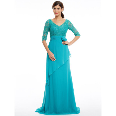 

CAZDZY V Neck Half Sleeves A Line Sweep Train Evening Dress