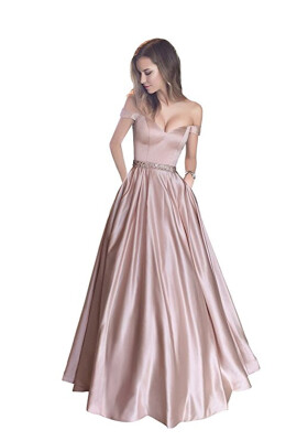 

Off The Shoulder Beaded Satin Evening Prom Dress with Pocket