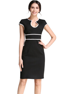 

Womens Cap Sleeve Notch Neck Color-blocked Bodycon Midi Dress