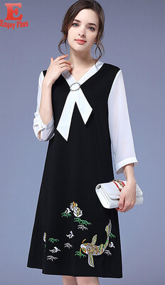 

L XL XXL 3XL 4XL 5XL plus size office new summer 2018 women dress 34 sleeve large size black&white faux two piece embroidery