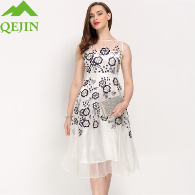 

2018 Summer women dresses evening party dress solid color oraganza silk embroidery floral High Quality plus sizes club fashion b