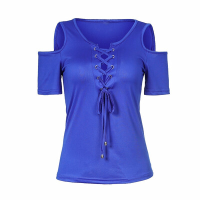 

Womens Short Sleeve Cold Shoulder Deep V Low-Cut Lace-up Tees Strappy tunic Sexy tops