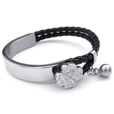 

Hpolw Womens Leather Stainless Steel Bracelet Clover Cuff Bangle White Black Silver