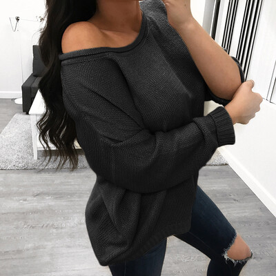 

Autumn Dress Round Neck Long Sleeved Shoulder Dress Pure Color Sweater