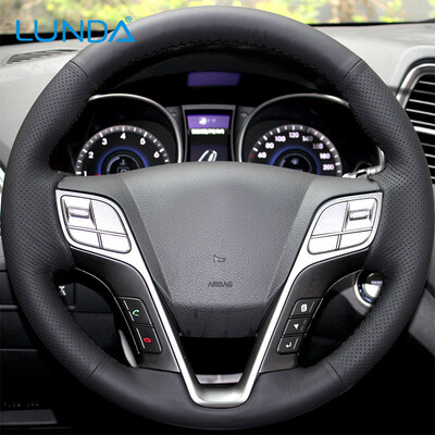 

LUNDA Black Genuine Leather Suede Hand-stitched Car Steering Wheel Cover for Hyundai Santa Fe 2013 2014 2015 Hyundai ix45