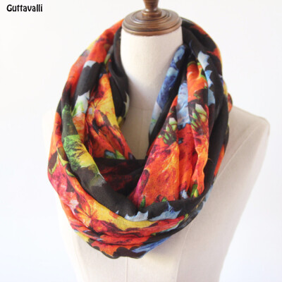 

Guttavalli Women Colorful Maple Leaves Ring Shawl Vintage Viscose Chevron Loop Scarf Soft Spring Winter Flowers Infinity Scarves