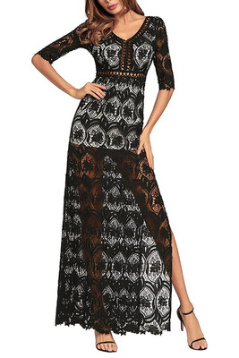 

Hollow Out Crochet V Neck Half Sleeve Thigh Slit Maxi Dress 2018