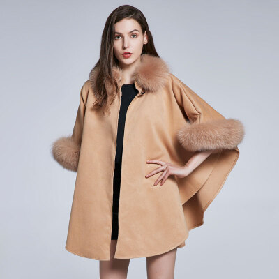 

Women&39s Autumn Winter Shawl Fox Hair Collar Cashmere Design Real Fur Jacket Furry Jacket Solid Color Party Warm 2018 New