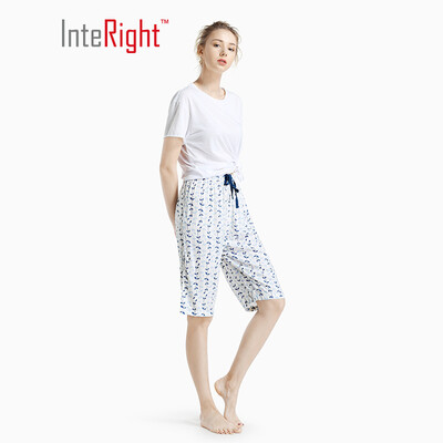

INTERIGHT home pants female ladies printing breathable light pants blue bottom bird flower L