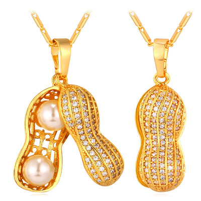 

U7 Fashion Peanut Pearl Pendant Necklace Women 18K Real Gold/Platinum Plated Zircon White Round Pearl Jewelry Wholesale