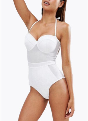 

2018 Women One Piece Mesh Swimsuit High Waist Halter Tie Swimwear Beach Playsuit