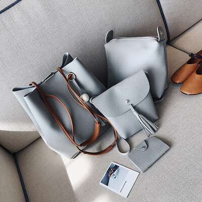 

New Type Bucket Four Piece Suit Bag Pu Solid Color Bag Ladies Handbag 8 Colors