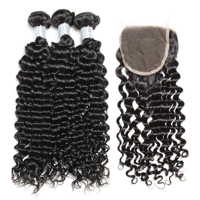 

8A Indian Curly Virgin Hair With Closure 4 Pcs Lot 100 Indian Remy Human Hair Weaves 3 Bundles And Lace Closures Natural Black 1B