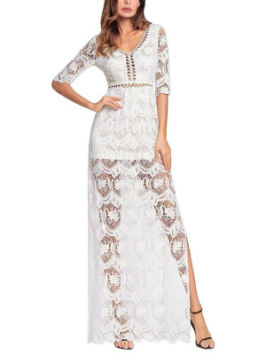 

Hollow Out Crochet V Neck Half Sleeve Thigh Slit Maxi Dress Homecoming Dress