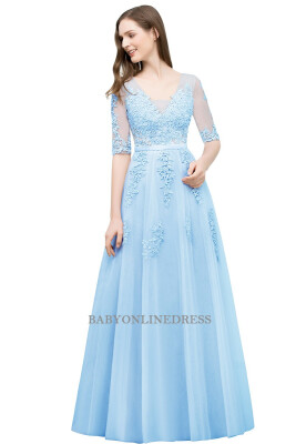 

Hot Half Sleeves Lace Evening Dresses Backless Applique Long Party Dresses