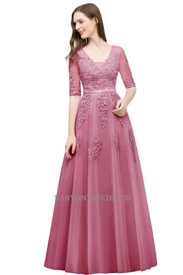 

Babyonline 2018 Half Sleeves Dust Pink Lace Evening Dresses 2018 Backless Applique Long Party Dresses