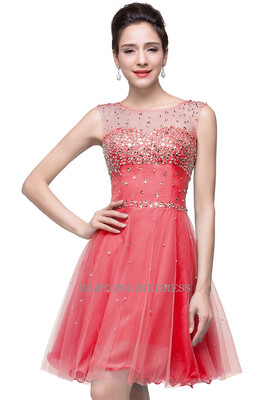 

A-line Sleeveless Crew Short Tulle Prom Dresses 2018 with Crystal Beads