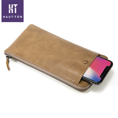 

HAUT TON wallet mens long section cowhide mens handbag zipper thin large capacity mens bag multi-card hand clutch SZB114 khaki