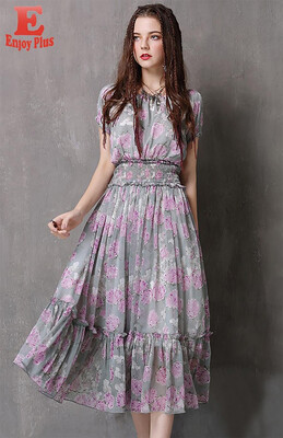 

M L elegant chiffon new summer 2018 long dress women short sleeve floral print A line office lady mid calf with ruffles