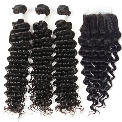 

8A Cambodian Virgin Hair Deep Wave With Closure 3 Bundles Cambodian Curly Human Hair Weave And Lace Closure 4Pcs Lot Natural Black