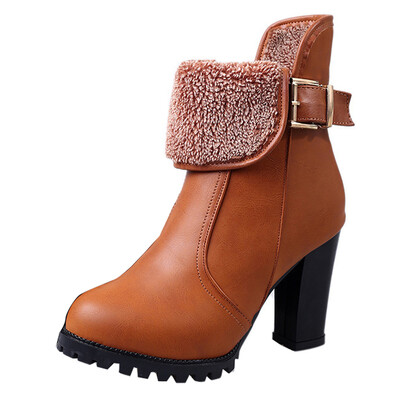 

Women Winter Martin Boot Buckle Fleece Chunky high Heel Lady Fashion Ankle Shoes