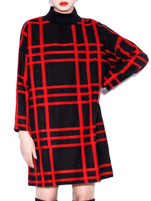 

Stand Collar Long Sleeves Plaid Shift Mini Dress