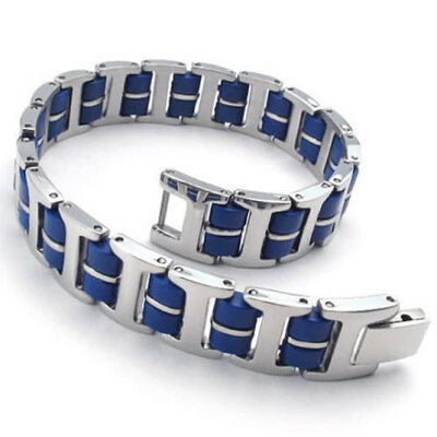 

Hpolw Jewelry Stainless Steel Rubber, Men's deft design Bracelet Bangle, superior quality and Color Blue Silver