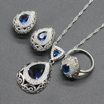 

Blue Stone Silver Plated Jewelry Sets for Women Necklace Clip Earrings Ring Four Colors Available Free Jewelry Box