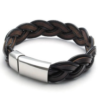 

Hpolw men Brown Leather Mens Handmade Braid classic simple design Bracelet Bangle Stainless Steel Clasp,16mm - 8", 8.5", 9" inc