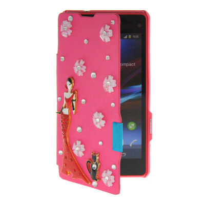 

MOONCASE Rhinestone Crystal Ultre Slim Leather Side Flip Wallet Back Case Cover for Sony Xperia Z1 Compact (Mini) Hot pink