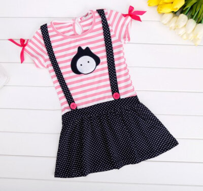 

New Cute Kids Children Girl's Short Sleeve Striped Dot Print Dress