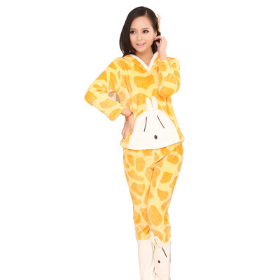 

Women Coral Fleece Hooded Bunny Sleepwear suit Thickened Pajamas Warm Nightgown