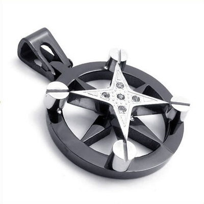 

Hpolw Mens Celtic PentagramStar Fashion Stainless Steel White Crystal Pendant NecklaceBlack Silver18-26 inch Chain
