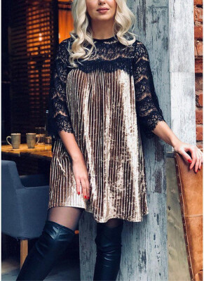 

Sexy Women Lace Crushed Velvet Mini Dress 2018 Hot Lace Splicing Half Sleeve Evening Party Cocktail Shift Dress