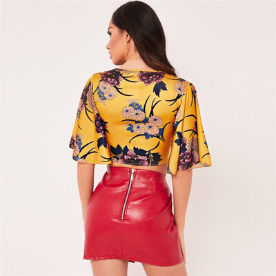 

Womens Satin Silk Tie Knot Crop Top Ladies Front Flared Sleeve Plunge Neck