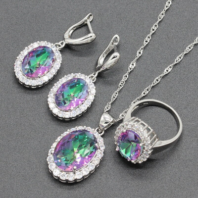 

Oval White Stone Silver Plated Jewelry Sets for Women Necklace Dangle Earrings Ring Six Colors Available Free Jewelry Box