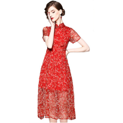 

2018 New Product Mandarin Collar Red Print Polyester Women Dress With Butterfly Sleeve Floaty Tulle Dress