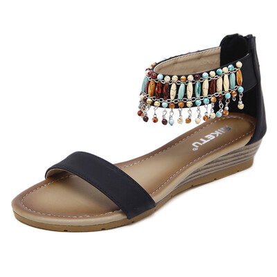 

2018 new national beaded sandals for women with Roman national style&large size slope heels