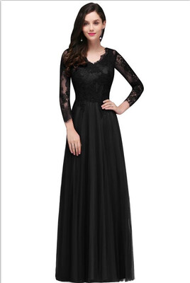 

Sexy V Back Long Sleeve Lace Evening Dresses 2018 Chiffon Evening Gowns