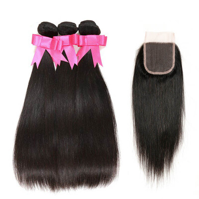 

PASSION HAIR Straight Malaysian Virgin Human Hair Weave 3 Bundles With 44 Free Part Lace Closure