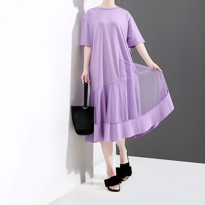 

QUZIHUA 2018 New Arrival Women Summer Black Purple Dress Pathwork Mesh Ruffles Short Sleeve Loose Plus Size Dress