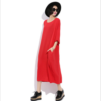 

Lovaru ™ Autumn Europe and large size women loose solid bat sleeve knee length dress Dress was thin fat  Autumn