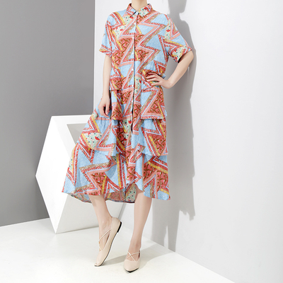 

QUZIHUA 2018 New Arrival Hot Sale Elegant Print Short Sleeve Turn-down Collar Loose Plus Size Shirt Dress Women Summer
