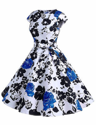 

Vintage Women Floral Printed Swing Cocktail Party Dress Summer Short Sleeve Hebborn Style Dress