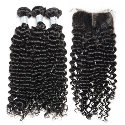 

8A Malaysian Curly Virgin Hair With Closure 4 Pcs Lot 100 Malaysian Human Hair Weaves 3 Bundles And Lace Closures Natural Black
