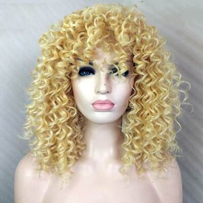 

QianBaiHui Short Curly Wigs for Black Women - Blonde Medium Length Synthetic Hair Wigs Fashion Full Wig Wig Cap